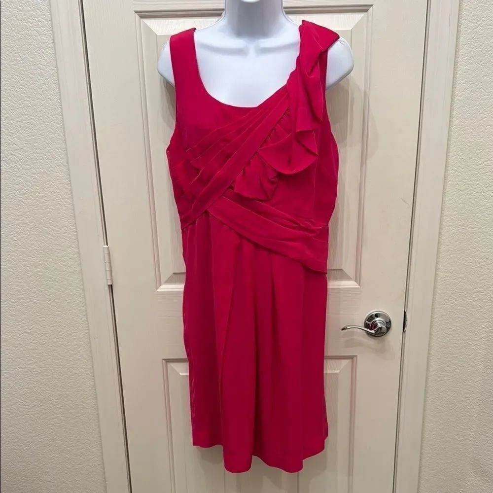 BCBGMaxAzria Fuchsia Pink Red Slimming Ruched Midi Dress Sz 12 Scoop Neck Pleat